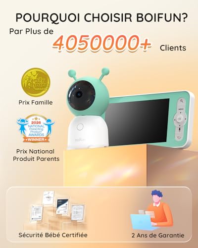 BOIFUN Babyphone Camera Bébé 2K, Baby Phone avec Caméra WiFi et Moniteur 5″, Vision Nocturne Invisible, Veilleuse Bébé Colorée Réglable, Alerte Mouvements/Pleurs, Température, Zoom 4X, Rappel Biberon 2 BOIFUN Babyphone Camera Bébé 2K, Baby Phone avec Caméra WiFi et Moniteur 5″, Vision Nocturne Invisible, Veilleuse Bébé Colorée Réglable, Alerte Mouvements/Pleurs, Température, Zoom 4X, Rappel Biberon pas cher