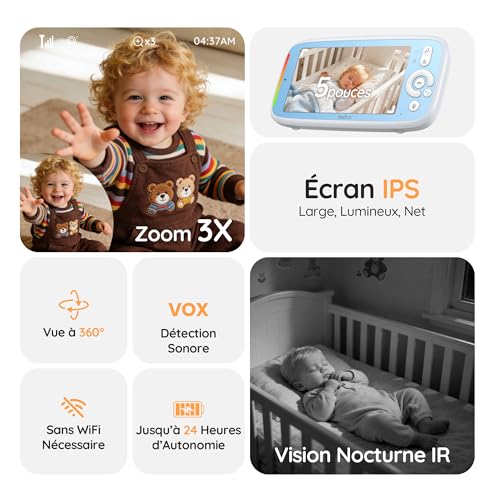 BOIFUN Babyphone Camera sans WiFi ni Ondes 5″ 720P IPS (Modèle Amélioré), Vision Nocturne Infrarouge Invisible, Camera Bebe 360°, Batterie Longue Durée 24h, Portée Longue Distance, Audio Clair 2 BOIFUN Babyphone Camera sans WiFi ni Ondes 5″ 720P IPS (Modèle Amélioré), Vision Nocturne Infrarouge Invisible, Camera Bebe 360°, Batterie Longue Durée 24h, Portée Longue Distance, Audio Clair pas cher