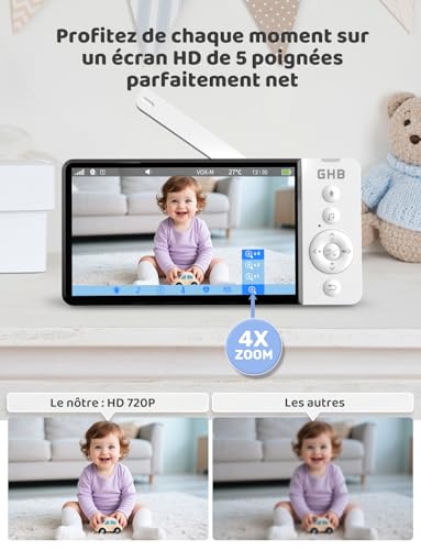 GHB Babyphone Camera 5″ Camera Bebe Surveillance 720P HD 5000mAh Écran IPS VOX Capteur de Température Zoom 4X 8 Berceuses Bidirectionnel Volume Réglable sans WiFi 3 GHB Babyphone Camera 5″ Camera Bebe Surveillance 720P HD 5000mAh Écran IPS VOX Capteur de Température Zoom 4X 8 Berceuses Bidirectionnel Volume Réglable sans WiFi pas cher