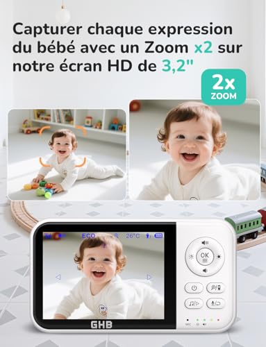 GHB Babyphone Caméra Bébé Surveillance 3,2 inches LCD Batterie 2100mAh Capteur de Température Vision Nocturne 2X Zoom Audio Bidirectionnel 2 GHB Babyphone Caméra Bébé Surveillance 3,2 inches LCD Batterie 2100mAh Capteur de Température Vision Nocturne 2X Zoom Audio Bidirectionnel pas cher