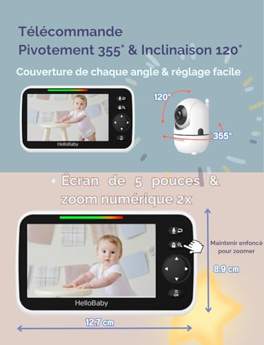 HelloBaby Babyphone Caméra, 5” Écran 30 Heures Batterie, Rotation de 355° Camera Bébé Surveillance Vidéo, sans WiFi, Vision Nocturne, ECO, Température, Talkie-Walkie, 8 Berceuses, 305m Longue Portée 3 HelloBaby Babyphone Caméra, 5” Écran 30 Heures Batterie, Rotation de 355° Camera Bébé Surveillance Vidéo, sans WiFi, Vision Nocturne, ECO, Température, Talkie-Walkie, 8 Berceuses, 305m Longue Portée pas cher