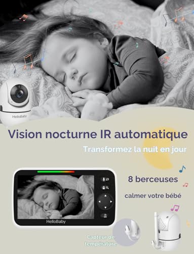 HelloBaby Babyphone Caméra, 5” Écran 30 Heures Batterie, Rotation de 355° Camera Bébé Surveillance Vidéo, sans WiFi, Vision Nocturne, ECO, Température, Talkie-Walkie, 8 Berceuses, 305m Longue Portée 5 HelloBaby Babyphone Caméra, 5” Écran 30 Heures Batterie, Rotation de 355° Camera Bébé Surveillance Vidéo, sans WiFi, Vision Nocturne, ECO, Température, Talkie-Walkie, 8 Berceuses, 305m Longue Portée pas cher
