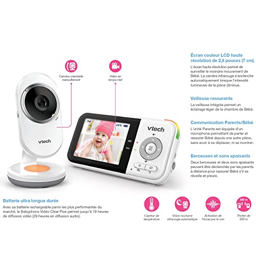 VTech BM3254 Moniteur pour bébé avec caméra, longue portée, écran LCD de 2,8″, veilleuse couleur, son et berceuses, conversation bidirectionnelle – Version FR Blanc 3 VTech BM3254 Moniteur pour bébé avec caméra, longue portée, écran LCD de 2,8″, veilleuse couleur, son et berceuses, conversation bidirectionnelle – Version FR Blanc pas cher