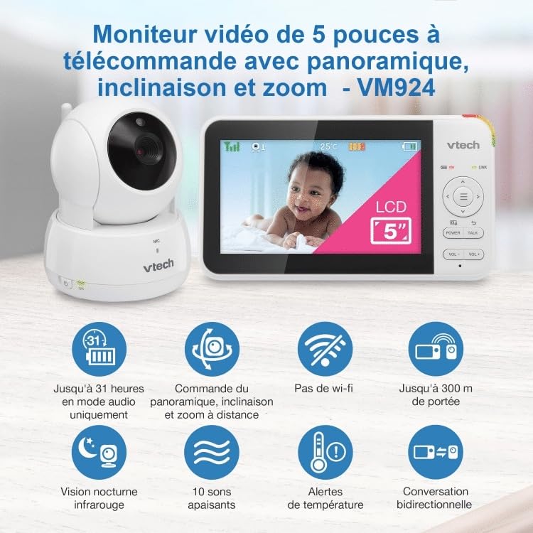 VTech VM924 Baby Monitor with Camera, Pan&Tilt,Video Baby Monitor with 5″ LCD Screen,Up to 17 Hrs Battery Life,1.33x Zoom,Night Vision,300m Long Range,Soothing Sounds,2-Way Talk,Secured Transmission 2 VTech VM924 Baby Monitor with Camera, Pan&Tilt,Video Baby Monitor with 5″ LCD Screen,Up to 17 Hrs Battery Life,1.33x Zoom,Night Vision,300m Long Range,Soothing Sounds,2-Way Talk,Secured Transmission pas cher